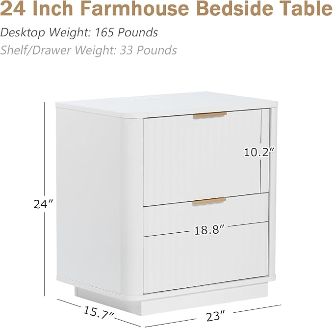 Fluted Nightstand with Charging Station, 23" Night Stands with 2 Drawers, Wood End Table with Storage, White Bedside Table for Bedroom - Image 2