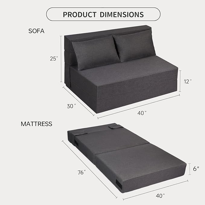 Folding Sofa Bed, Foldable Bed Sleeper Chair with Pillow, Convertible Sofa Bed with Washable Cover, Fold Out Couch, Futon Sofa Bed for Living Room, Dorm, Guest Room, Standard Size, Dark Grey