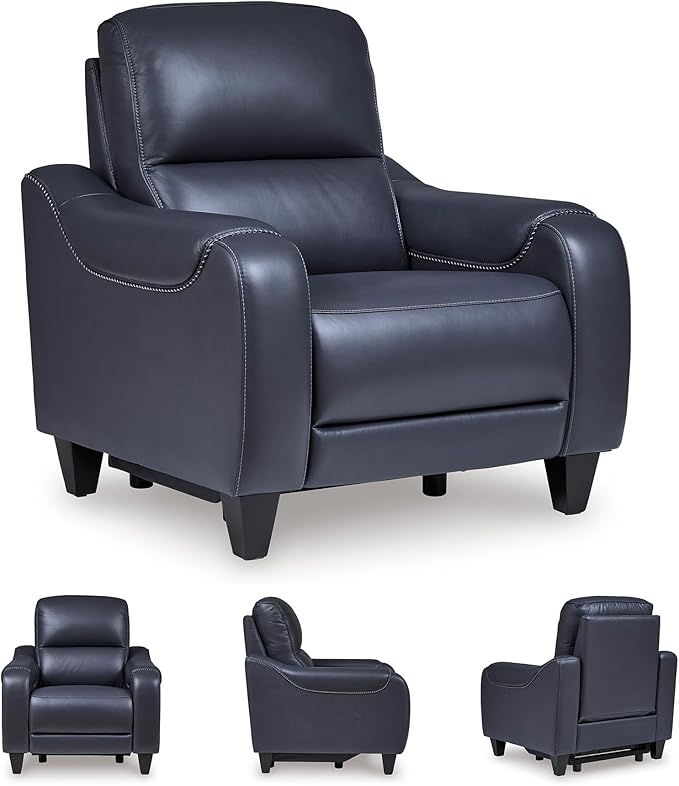 Signature Design by Ashley Mercomatic Contemporary Power Recliner with Adjustable Headrest and USB-C Fast Charging, Leather, 20.63" Seat Height, Blue
