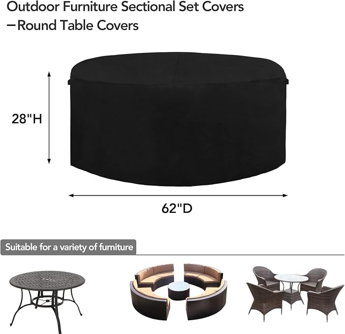 Easy-Going 600D Heavy Duty Round Patio Furniture Set Cover, Waterproof Outdoor Table and Chair Set Cover, (62"DIAx 28"H, Black) - Image 2