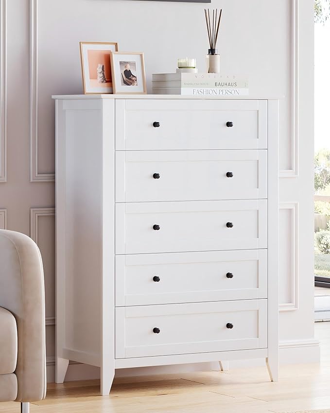 GarveeHome White 5 Chest of Drawer Dresser, Modern Tall Nightstand with Deep Drawers and Nickel Round Handle, Wood Organizer Storage Cabinet for Bedroom, Living Room, Hallway by GarveeHome
