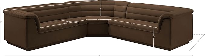 Meridian Furniture 194Brown-Sectional Cascade Collection Modern | Contemporary Modular Sectional with Soft Brown Velvet Fabric, Deep Channel Tufting, Curved Arms, 148" W x 80" D x 28" H, Brown