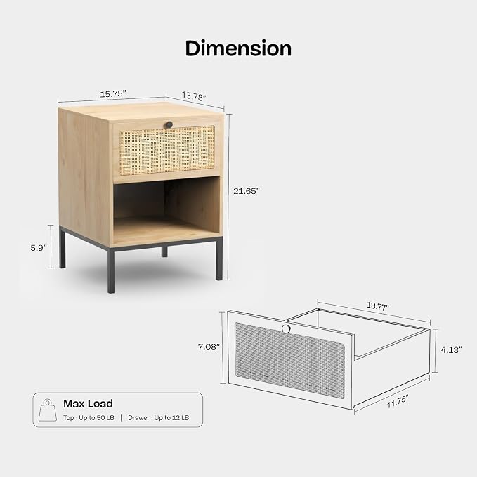 Yechen Set of 2 Rattan Nightstands with Drawer & Open Shelf, Boho Bedside Table with Natural Cane, Wood End Table with Metal Legs for Bedroom, Small Spaces, Natural Oak - Image 3