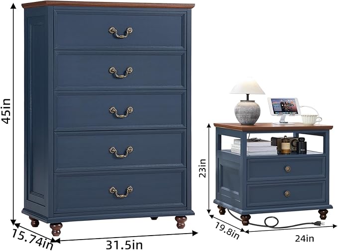 Joaxswe 24" Wide Farmhouse Nightstand with Charging Station Set of 2, 45" Tall Rustic Chests of 5 Drawers w/ 4 Solid Wood Feet, Farmhouse Furniture Series for Living Room,Bedroom,DarkBlue