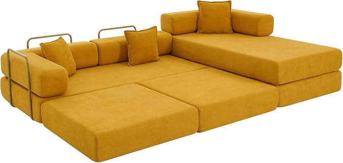 Eafurn L Shaped Convertible Sleeper Sofa Bed King Size Sleeper Sofabed, 7-in-1 DIY Combination Corduroy Folding Mattress Couch with Fixed-Shape Frame, Boneless Floor Sofa Couch