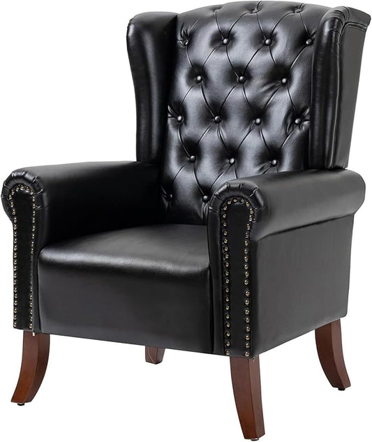 Faux Leather Accent Chair, Mid-Century High Back Armchair Upholstered Club Sofa Chair with Wooden Legs, Living Room Chair for Bedroom, Office, Lounge (Black)