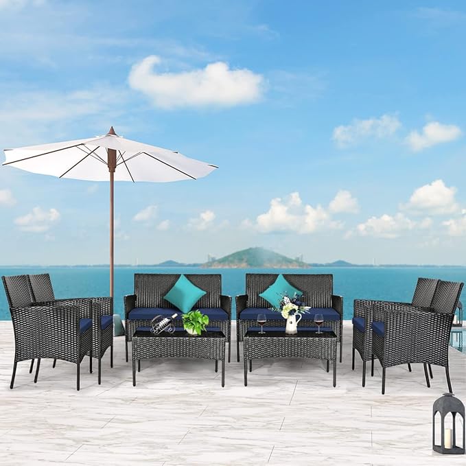 8 Pieces Patio Furniture Set, Outdoor Conversation Set with Ergonomic Curved Backrest, Patio Chair Set with Water-Resistant Cushion & Tempered Glass Table for Balcony, Porch (Navy Blue)