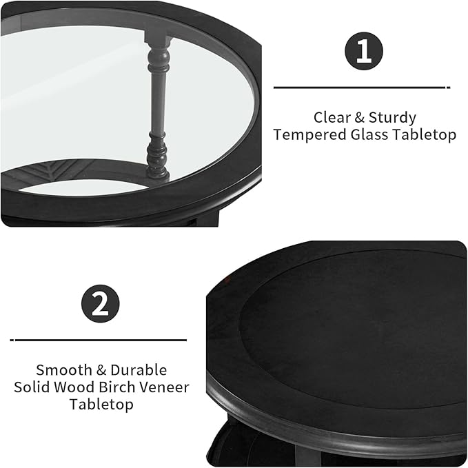 LKTART Nesting Coffee Table for Living Room, Round Tempered Glass Solid Wood Nest Coffee Tables with Storage, Retro Small Accent Center Table for Small Space Apartment (31.5''D×18''H-Balck)