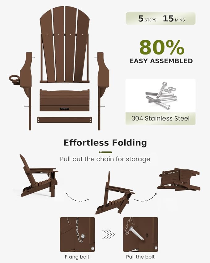 MUCHENGHY Folding Adirondack Chairs, Patio Chairs, Lawn Chairs, Outdoor Chair, Adirondack Chair Plastic, Fire Pit, Weather Resistant with Cup Holder for Deck, Backyard, Garden(Brown) - Image 4