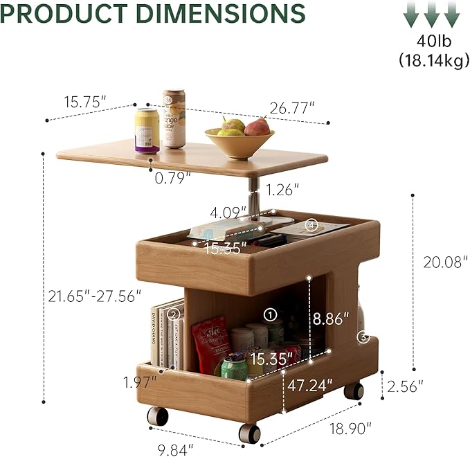 100% Solid Wood Lift Top Coffee Table with Storage, Small Bedside Table with Wheels and 360° Rotating Desktop, Rolling Coffee Table for Living Room, Bedroom(Natural, No Need to Install)