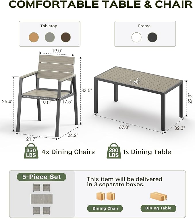 Vexwalx 5-Piece Outdoor Dining Set, Aluminum Dining Table Set for 4, Patio Table and Chairs Set with Umbrella Hole, All Weather HDPS Outdoor Table and Chairs for 4 (Gray) - Image 4