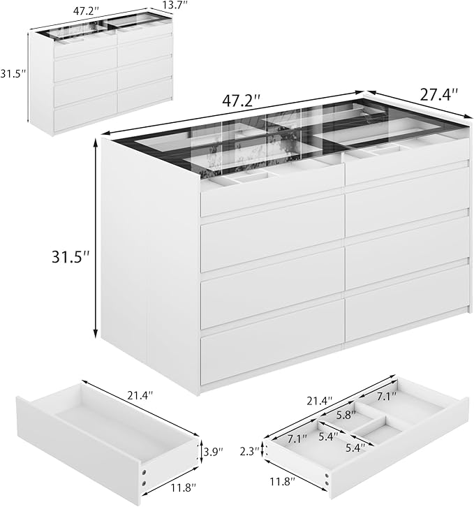 LIVAUVEAD Closet Island with Drawers, 16 Drawers Wardrobe Closet with Glass Top and LED Light，White Island Dresser with Jewelry Organizer for Bedroom & Cloakroom