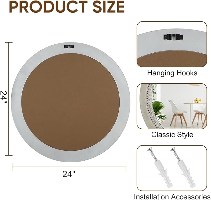 Round Decorative Mirrors for Farmhouse Wall Decor Round Wooden Frame Mirror With Beads, Rustic Large Bathroom Vanity Mirrors for Bathroom, Over Sink, Bedroom, Living Room, Entryway,Foyer (24''Lx24''W) - Image 4