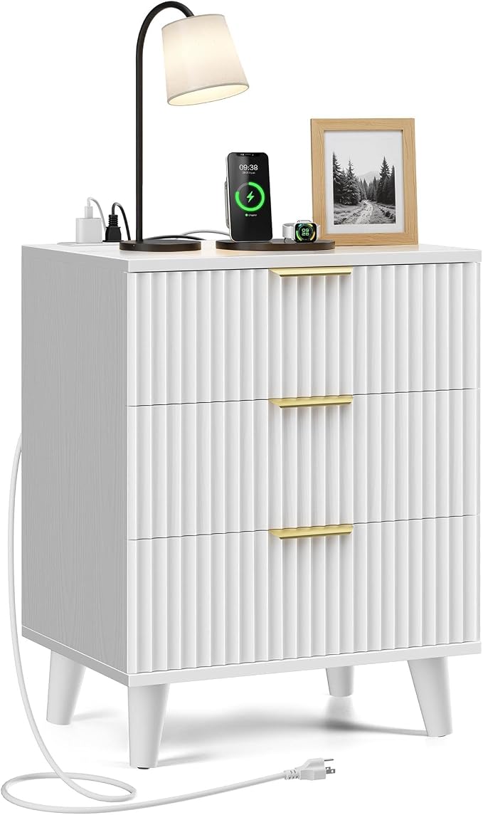 White Nightstand, 20 inch Fluted Modern Night Stand with Charging Station, Wooden Side Table with 3 Large Storage Drawers Modern Wood Bedside End Table for Bedroom Sofa Office by miucore