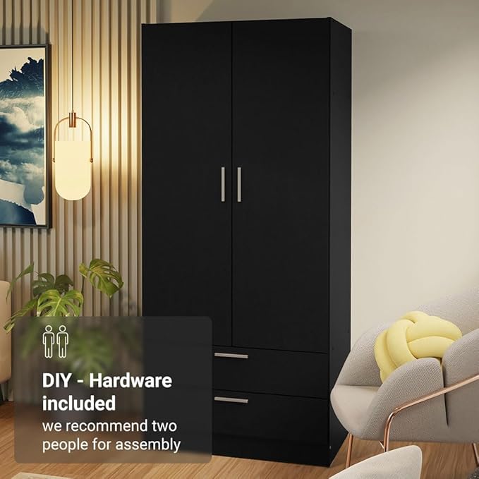 Madesa 2 Door 2 Drawer Storage Cabinet Wardrobe with Shelf and Hanging Space 31" L Wooden Armoire Closet Organization Unit for Bedroom and Office - Black