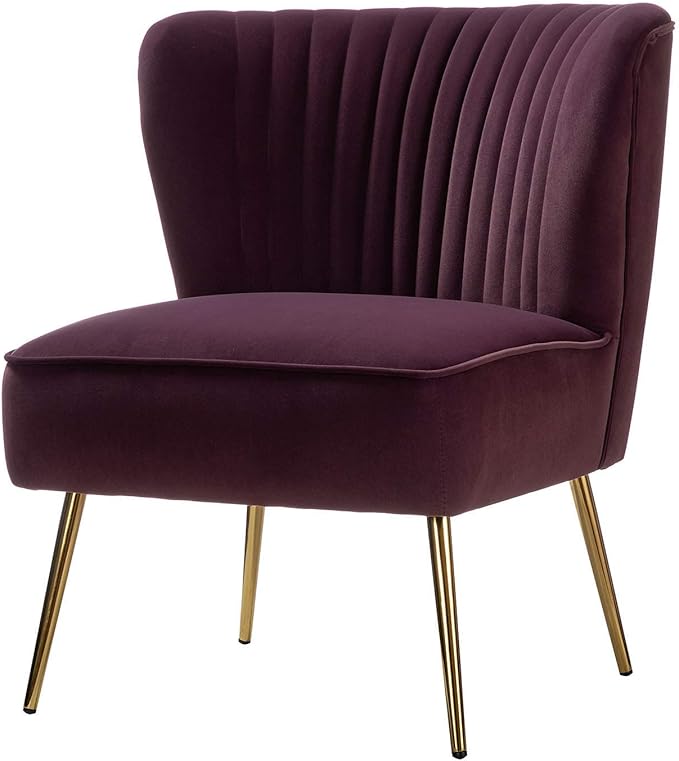 HULALA HOME Velvet Accent Chair, Modern Upholstered Cute Side Chair with Gold Metal Legs, Armless Wingback Slipper Chair Comfy Living Room Chair for Bedroom Guest Room Vanity, Purple
