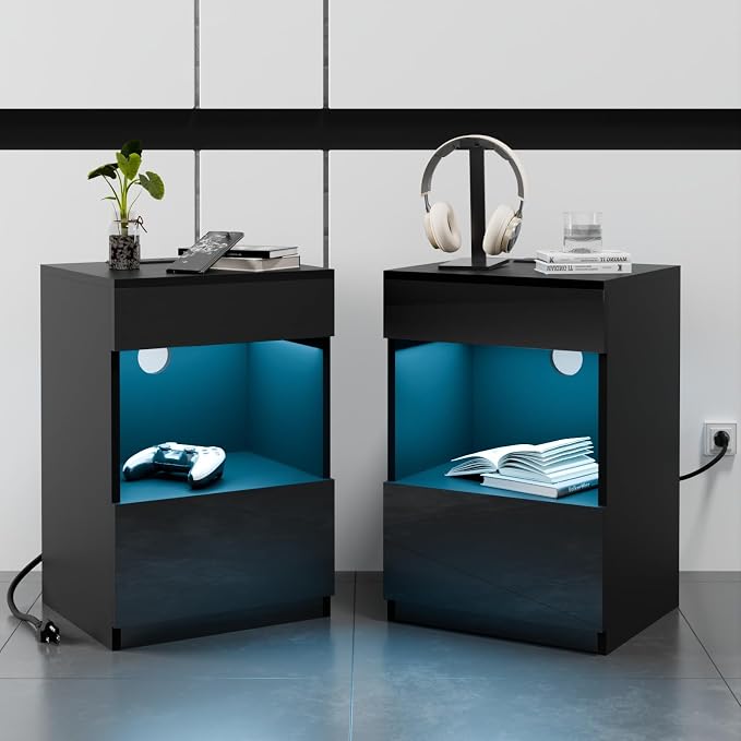 HOMMPA Set of 2 Open Shelf LED Nightstands with Charging Station 2 Drawers Bedside Tables Black Night Stands with Storage Smart Nightstands High Gloss Night Table with Led Light for Bedroom Furniture by Hommpa