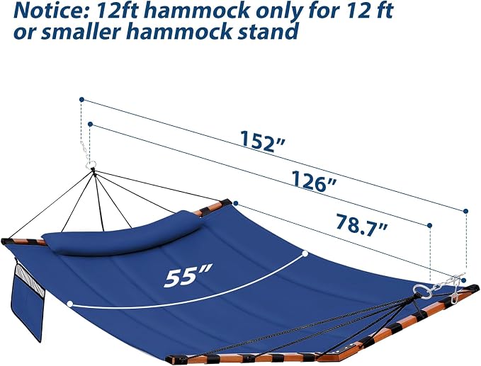 TegerDeger 12FT 2 Person Hammock Large Hammock 450LB Capacity with V Shaped Hardwood Spreader Bar & Nylon Rope for Outside, Patio, Garden, Backyard, Beach, Poolside - Blue - Image 6
