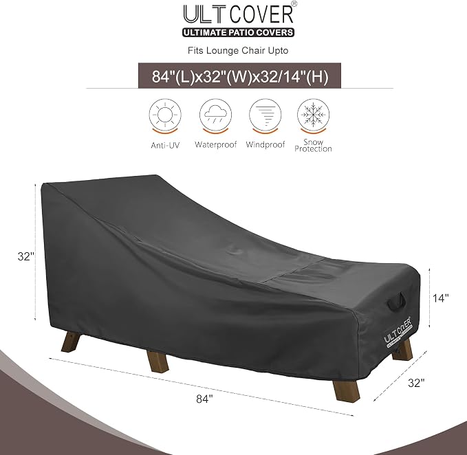 ULTCOVER Waterproof Patio Lounge Chair Cover Heavy Duty Outdoor Chaise Lounge Covers 2 Pack - 84L x 32W x 32H inch, Black - Image 2