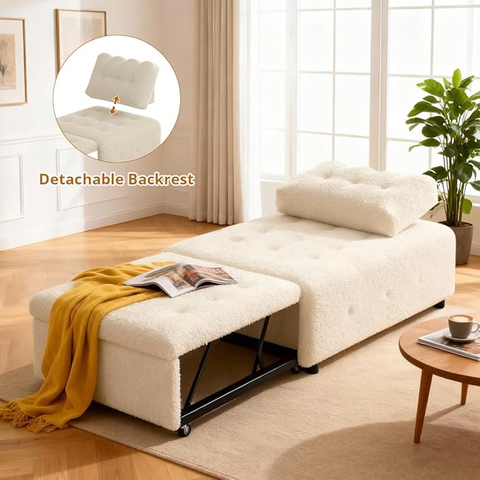 CMOHOMA Sleeper Sofa Bed,Convertible Pull Out Couch with Adjustable Backrest,Teddy Chaise Lounge Chair,Sectional Couches for Living Room,Bedroom,Apartment,Beige