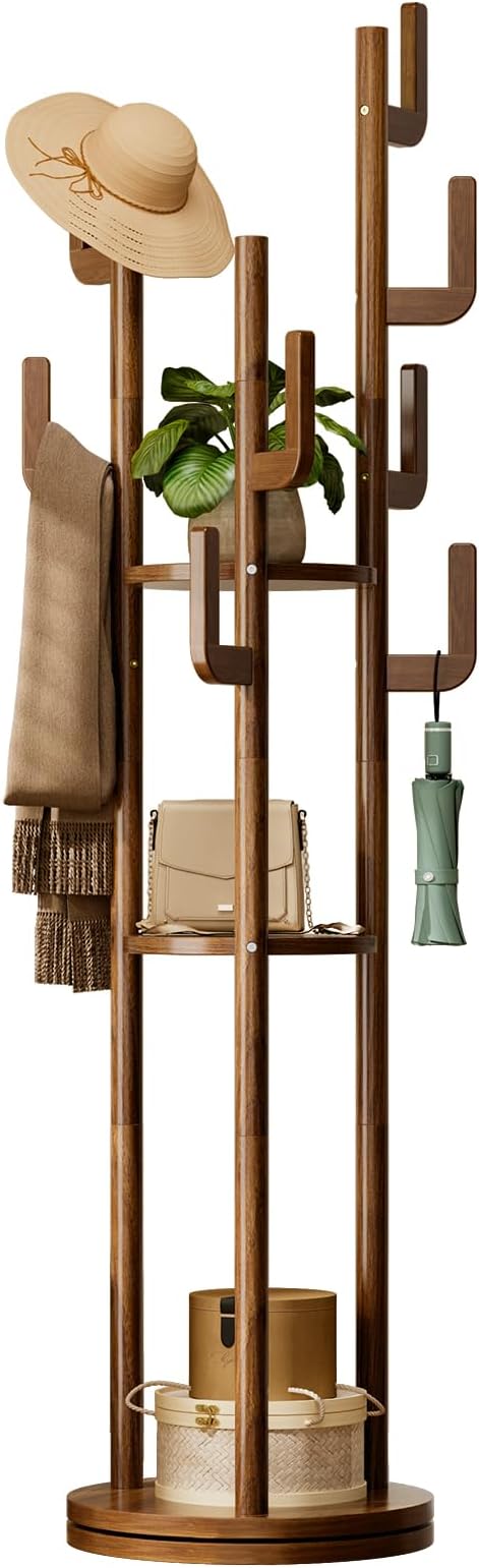 Yoobure Rotary Coat Rack Freestanding - Solid Wood Coat Tree with 9 hooks & 3 Storage Shelves for Purse, Bag, Jacket, Hat, Corner Hanger Stand Racks for Hall, Entryway, Office, Modern Clothes Holder - Image 9