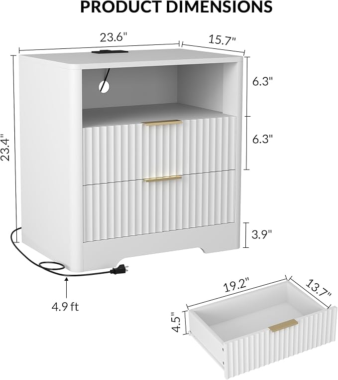 Modern Fluted Nightstands with Charging Station, Drawers, and Smart Night Light, Large Wood Nightstand with Storage Shelf, Side Tables for Bedroom, Living Room (1, White) - Image 2