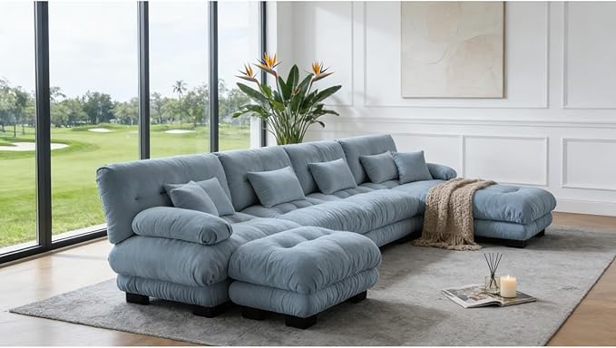 173.2" U-Shaped Cloud Couch, Oversized Modular Sectional Sofa, Deep Seat Cloud Boneless Couch, 4-Seat Modular Sectional Sofa with 2 Ottoman or Living Room,Bedroom and Apartment, Blue