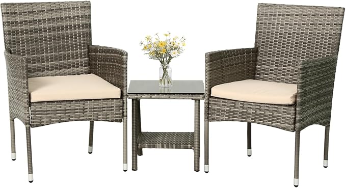 PayLessHere Set of 3 Outdoor Furniture Set Patio Furniture Set Gray Conversation Set with 2 Rattan Chairs Glass Coffee Table for Coffee Bar Poolside Patio Outdoor, Khaki Cushions