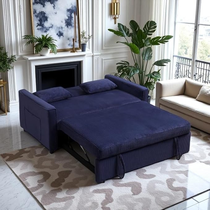 Ball & Cast 55" 3 in 1 Loveseat Futon Sofa-Bed,Convertible Pull Out Couch,Corduroy Upholstered Sleeper Sofa Bed with Adjustable Backrest,Side Pocket and 2 Pillows,Chaise Lounge for Living Room,Blue