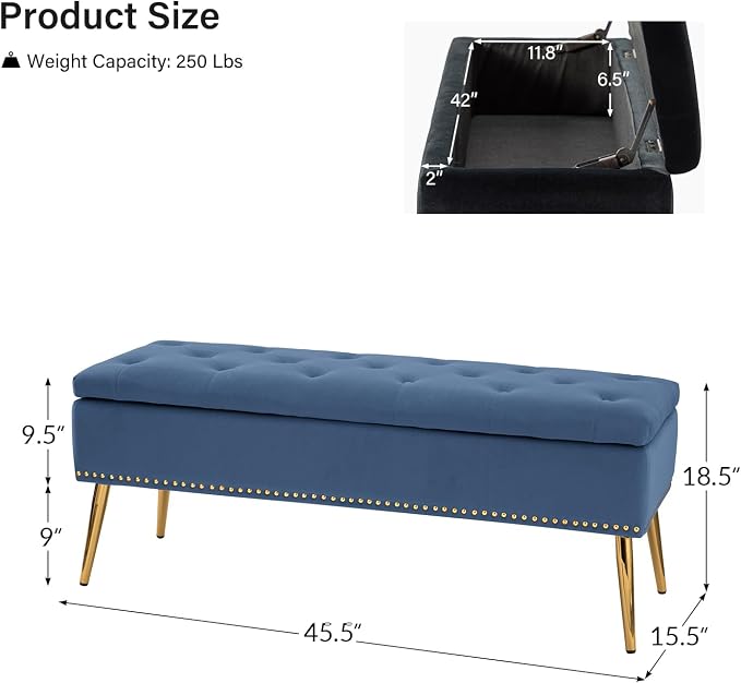 HULALA HOME Modern Velvet Storage Ottoman Bench with Gold Base & Nailhead Trim, Upholstered Bedroom Bench for End of Bed, Button-Tufted Footstool for Entryway Living Room Dining Room, Slate Blue - Image 2
