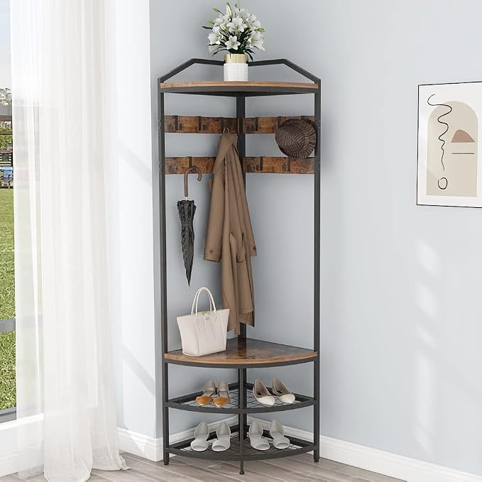 GiftGo Corner Hall Tree with Shoe Bench Entryway Coat Rack with 10 Metal Movable Hooks Floor Standing Clothes Rack Shoes Shelf Organizer for Home Office Bedroom (Rustic Brown) by GiftGoDirect