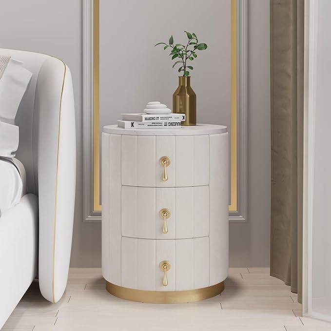 homary Velvet Nightstand with 3 Drawers, White Round Bedside Table with Sintered Stone Top, Modern Nightstand with Storage for Bedroom, End Table for Living Room by Homary