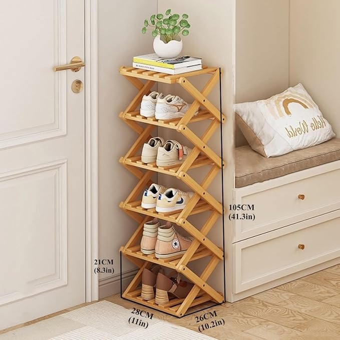 Foldable Shoe Rack, Bamboo Vertical Shoe Organizer Tall for Small Spaces. Multifunctional Narrow Shoe Shelf for Entryway, Closet, Corner, Bedroom, Hallway, Wood Color 6 Layers - Image 2