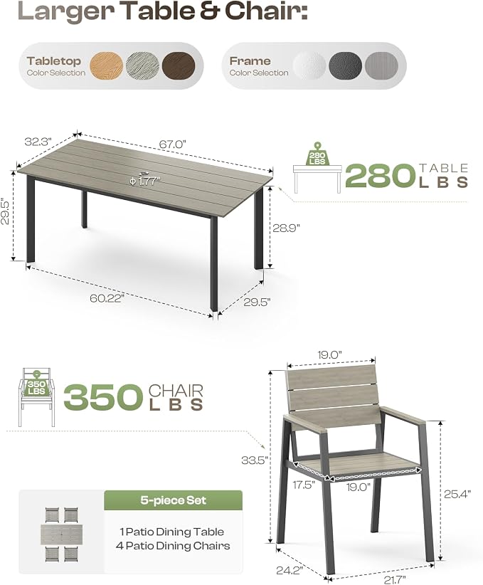 67"*32.3"*29.5" Patio Dining Table, Seamless Rectangle Aluminum + HDPS Outdoor Patio Dining Table with Umbrella Hole, Weather-Resistant for Lawn, Garden, Yard and Indoor Use (Gray) - Image 7