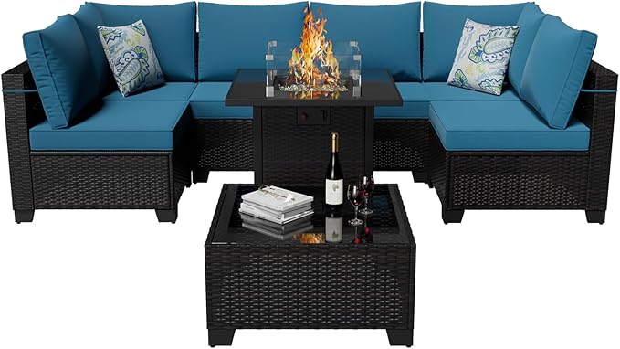 8 Piece Outdoor Patio Furniture Set with Fire Pit Table, Wicker Sectional Sofa Set with Thick Cushions, Perfect for Garden Lawn Pool or Backyard, (Brown/Peacock Blue)