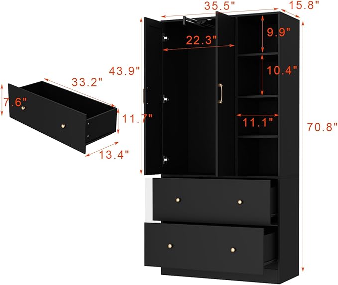 Hitow Wardrobe Armoire Closet with Mirror, 2 Door Wardrobe Cabinet with 2 Drawers & Extendable Hanging Rod, Bedroom Armoire Cabinet Clothes Organizer, Type A Black (35.5" W x 15.8" D x 70.8" H)