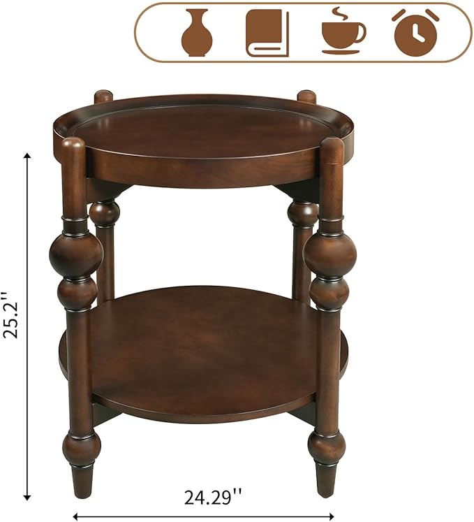 LKTART Nesting End Table for Living Room,Round Solid Wood Frame Nest Side Tables with Storage,Retro Accent Center Table for Small Space Apartment (25''D×24''H-Dark Brown)