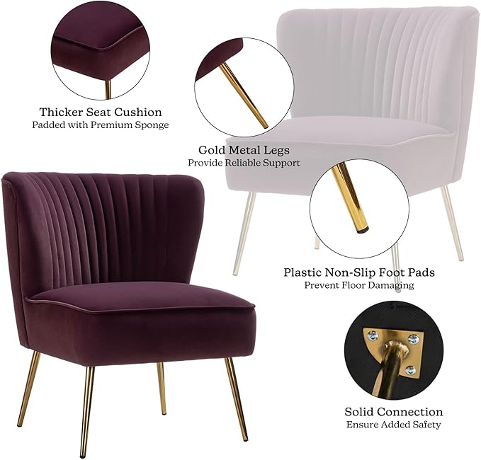 HULALA HOME Velvet Accent Chair, Modern Upholstered Cute Side Chair with Gold Metal Legs, Armless Wingback Slipper Chair Comfy Living Room Chair for Bedroom Guest Room Vanity, Purple