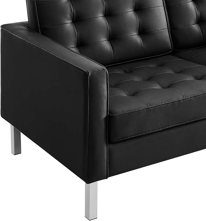 Modway Loft Tufted Button Faux Leather Upholstered Loveseat in Silver Black