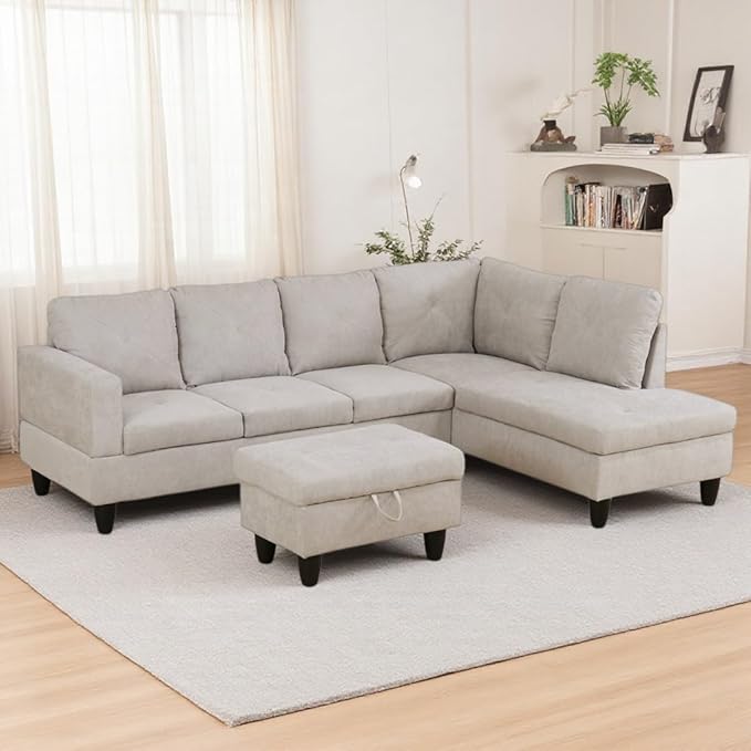 NicBex Modular L-Shaped Sectional Couches, 3-Piece Convertible Couch with Storage Ottoman, 4-Seat Comfy Sofa with Chaise for Living Room & Apartment, Light Sand