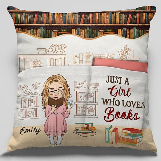 Custom Pocket Pillow, Personalized Bookish Gifts for Book Lovers, Booknerds, Bookworms, Just A Girl Who Loves Book, Books Themed Gifts for Women, Librarian Gift for Women Teacher Students