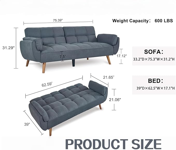 Convertible Futon Sofa Bed, Modern Futon Couch with 2 Pillows, Small Futons Couch with Adjustable Armrest & Backrest, Loveseat Sofa Bed for Living Room, Bedroom, Blue