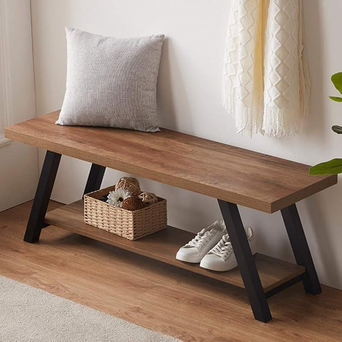 LVB Industrial Entryway Bench, Wood and Metal Storage Bench for Living Dining Room, Farmhouse Indoor Entry Way Shoe Benches Seat, Rustic Oak, 47 Inch Long - Image 3