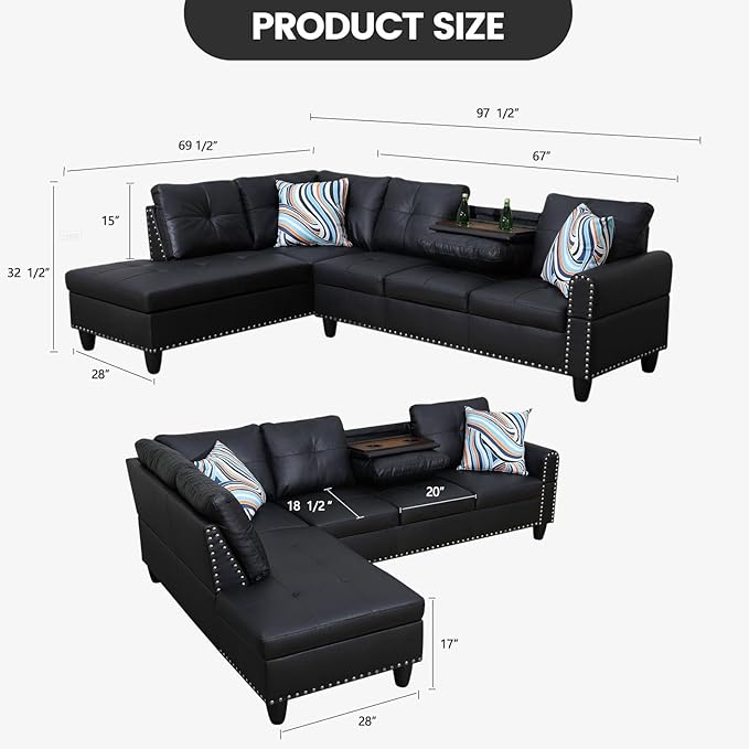 L Shape Sectional Couch with Chaise, 97.5 Inch Modular Sofa with Cup Holders, Sectional Couches for Living Room, Ergonomic Reclined Backrest, for Office and Small Apartment, Black