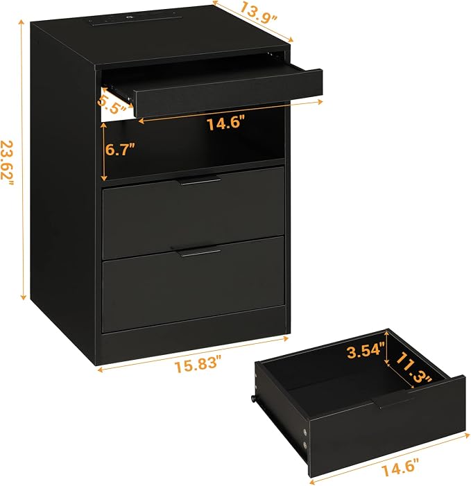 Tiptiper Black Nightstand with Wireless Charging Station and LED Lights, Bedside Table with 2 Drawers, Open Storage, 1 Pull-Out Tray, End Side Table with Charging Station, LED Night Stand with Storage - Image 3