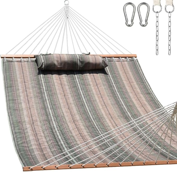 Lazy Daze 12 FT Quilted Fabric Double Hammock with Spreader Bars and Detachable Pillow, 2 Person Hammock for Outdoor Patio Backyard Poolside, 450 LBS Weight Capacity, Mixed Green & Brown Stripe by LazyDazeHammocks