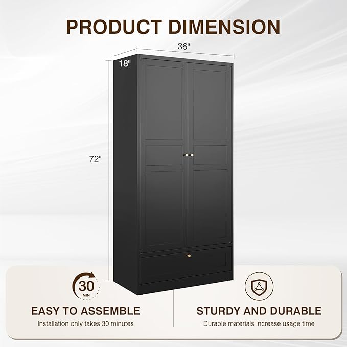 Metal Wardrobe Armoire Wardrobe Closet with Drawers Clothing Locker Steel Wardrobe Cabinet Metal Storage Cabinet 2 Door Closet Cabinet with Hanging Rod for Home Office Bedroom 72" X 36" X 18" Black