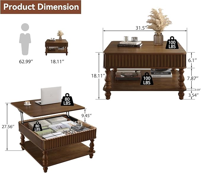 31.5" Square Lift Top Coffee Table with Storage Modern Fluted Coffee Tables with Lifting Top, Farmhouse Solid Wood Center Table with Table Legs for Living Room, Apartment or Office (Walnut)