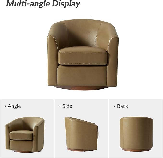 HULALA HOME Genuine Leather Swivel Accent Chairs Set of 2 with Solid Wood Base, Round Swivel Barrel Chairs for Living Room and Bedroom, Taupe