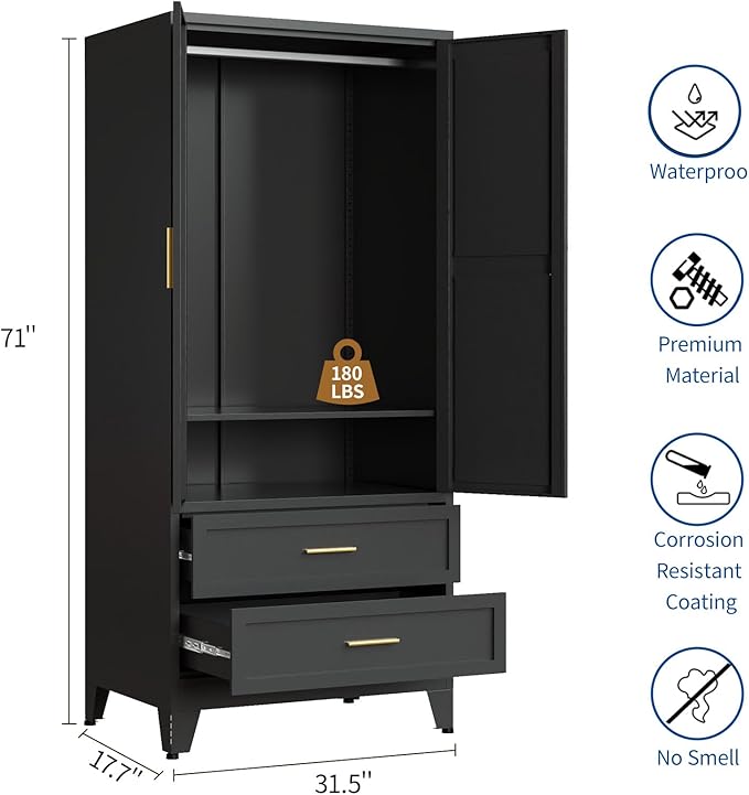 Steel Armoire Wardrobe Closet, 71" Metal Clothing Storage Cabinets with 2 Doors, 2 Drawers and 1 Adjustable Shelf, Black Wardrobe Cabinet with Hanging Rod for Bedroom, Gym